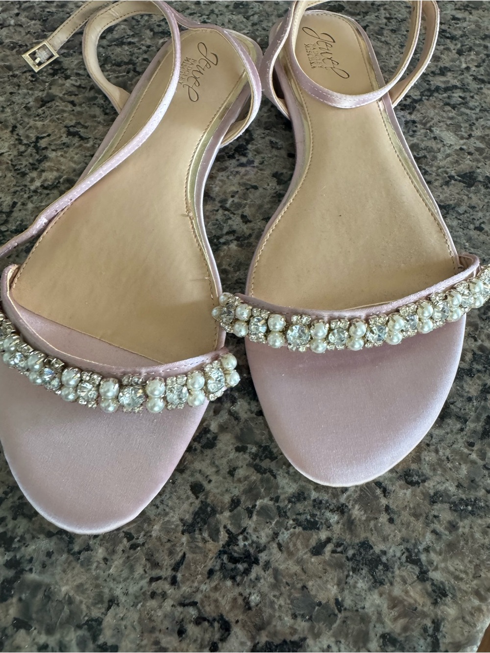 Jewel Badgley Mischka Blush Pink Satin Pearl & Crystal Flat Sandals